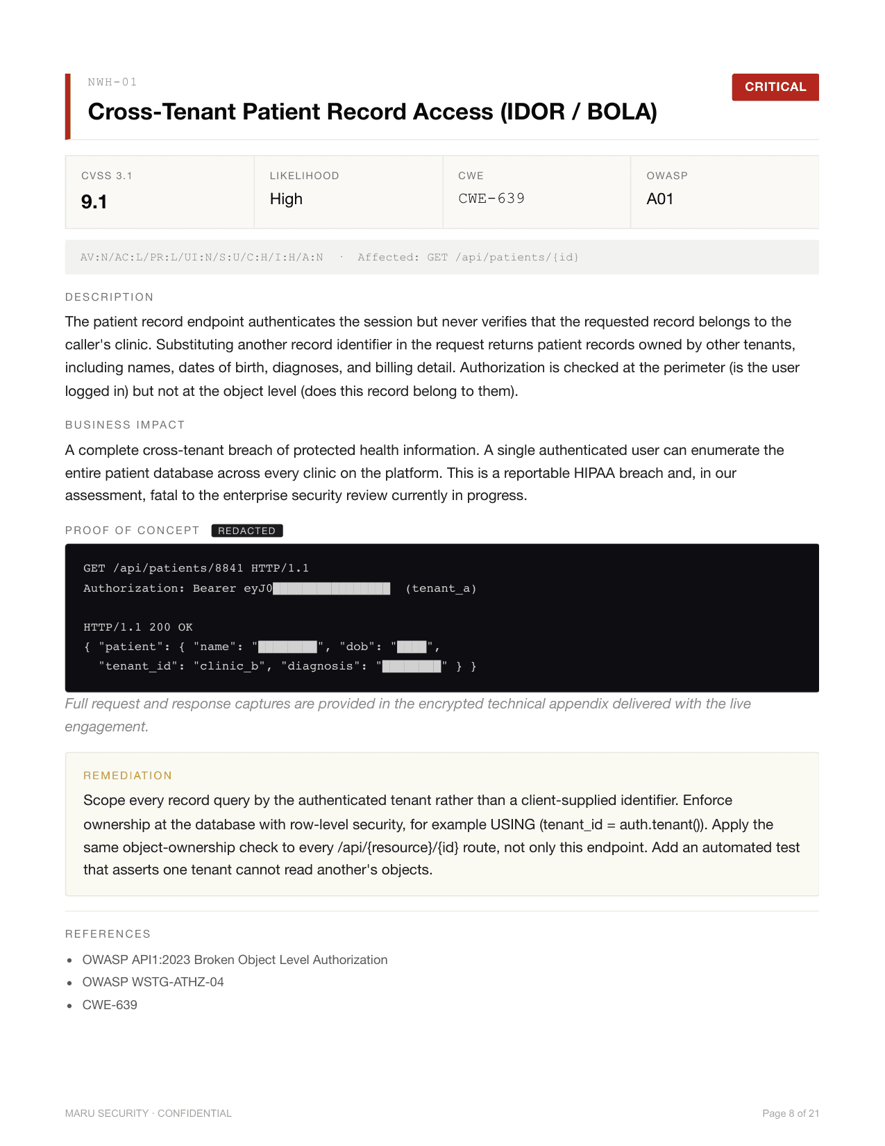 A findings page from the sample audit report