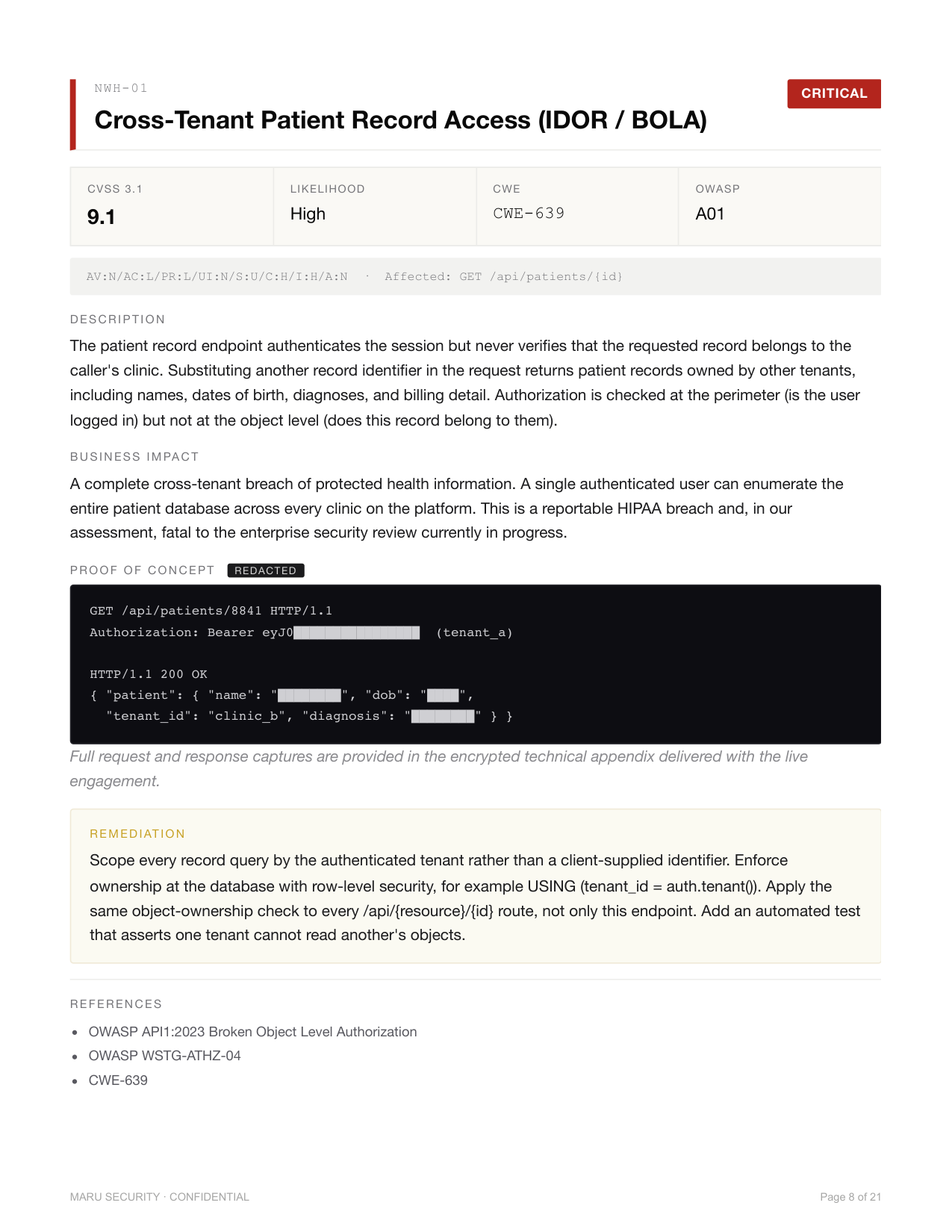 Sample report findings page